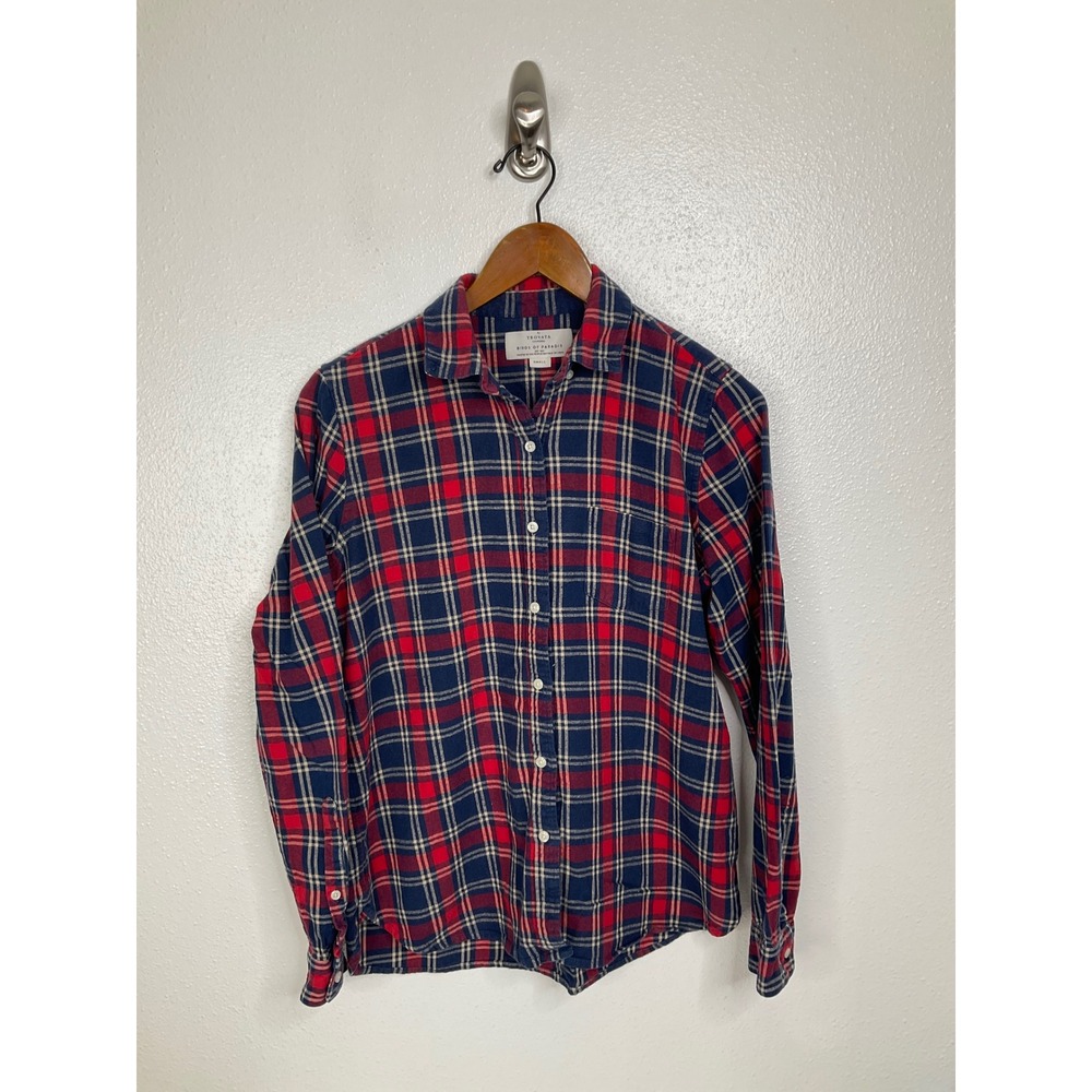 Trovata Birds of Paradis Womens Small Red Navy Blue Plaid Button Down Shirt